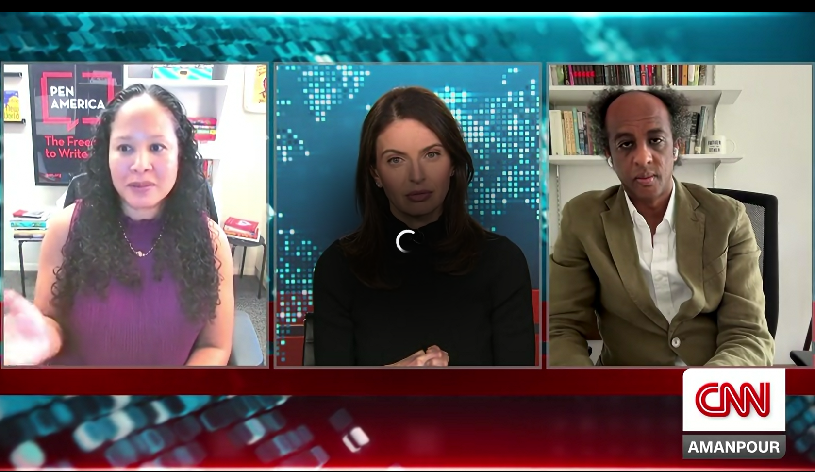 Three people appear in a split-screen virtual interview on CNNs Amanpour: two guests, a woman on the left and a man on the right, speak from their homes; the host sits in a news studio in the middle. The CNN and Amanpour logos are visible.