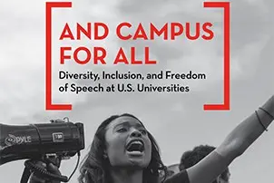 A person speaking passionately into a megaphone with a crowd in the background. Text reads: Campus Free Speech for All: Diversity, Inclusion, and Freedom of Expression at U.S. Universities.