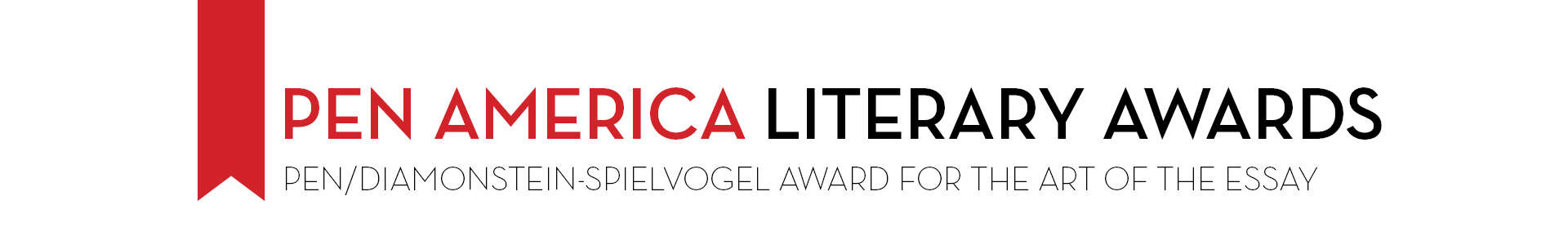 A banner with a red ribbon on the left and the text PEN America Literary Awards and PEN/Diamonstein-Spielvogel Award for the Art of the Essay—also known as the PEN Essay Award—on a white background.