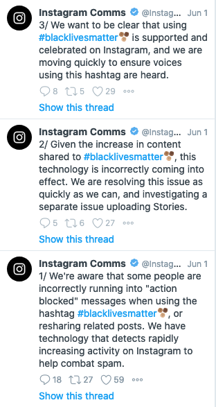 Screenshot of tweets from Instagram Comms