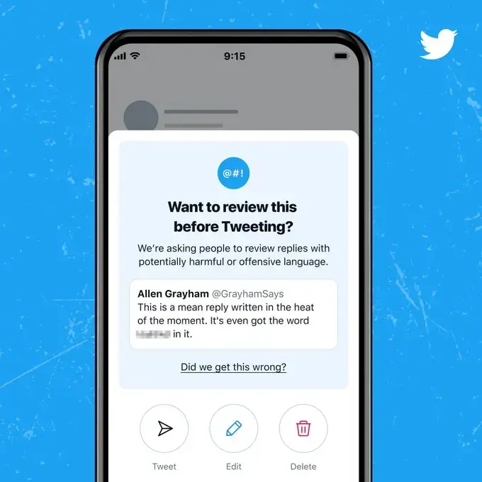 A smartphone screen displays a Twitter interface, highlighting the need to review a reply for potential online abuse. Options include Tweet, Edit, and Delete. The Twitter logo sits in the top right corner, reminding users of the social media platforms focus on healthier interactions.