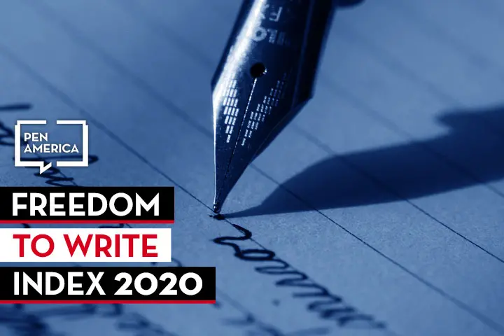 A close-up of a fountain pen gliding over lined paper, with the text PEN America, Freedom to Write Index 2020 boldly displayed beside it. The image exudes a dark, moody ambiance, beautifully capturing the essence of the writing process.