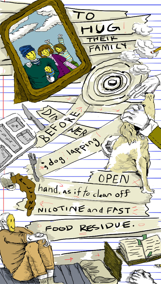 A man with a happy face mask sits alone in a bed. Against a notebook paper background, a picture of a family and words.