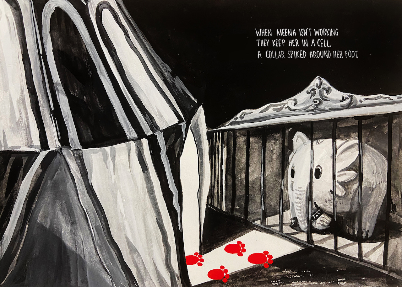 Cute, gray elephant locked in a cage outside of a circus tent. Four red footprints in a monochrome drawing lead to the cage.