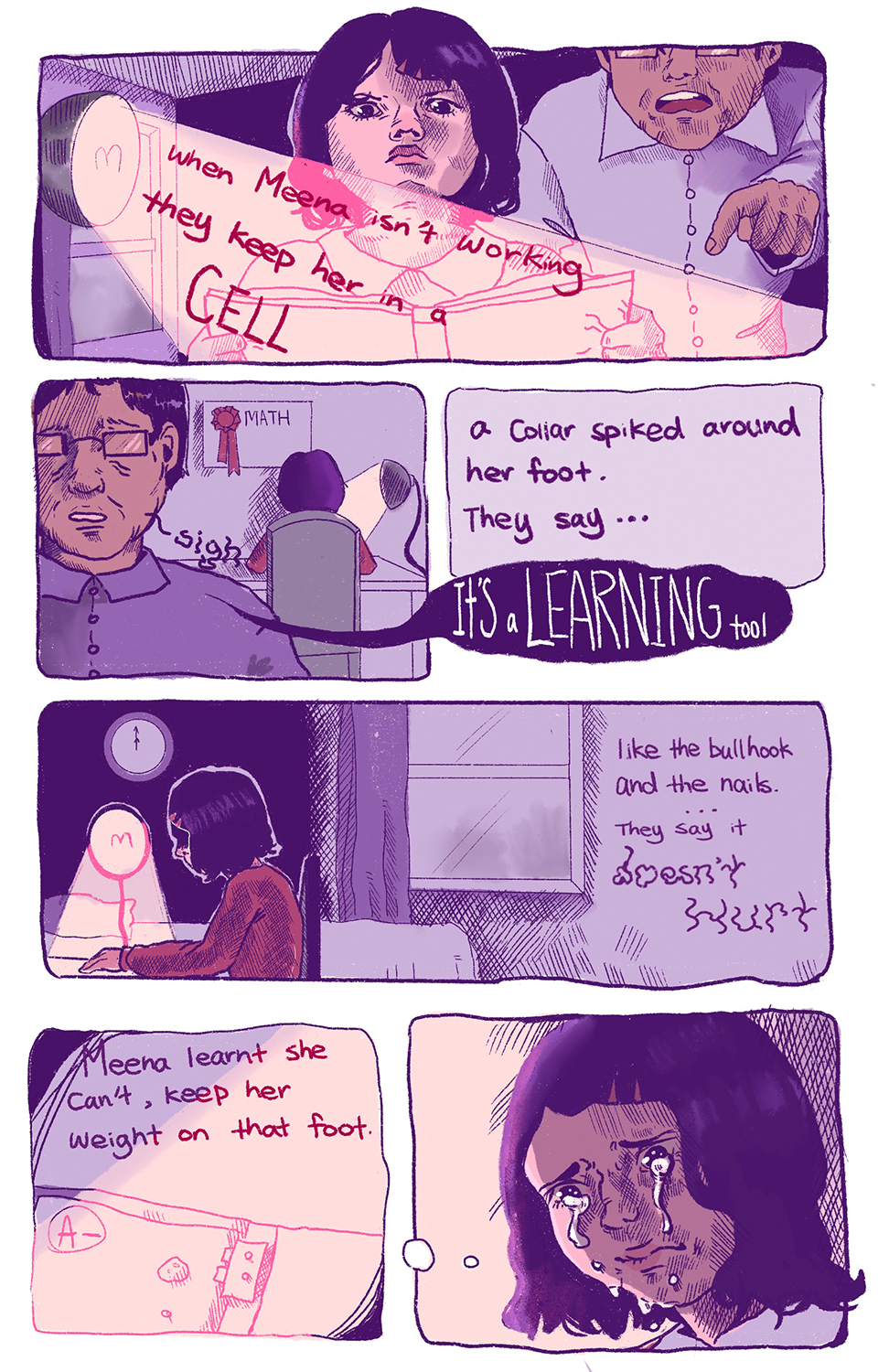 Six panel comic strip of young girl studying in the dark by lamplight. Behind her back, her father yells, and she cries.