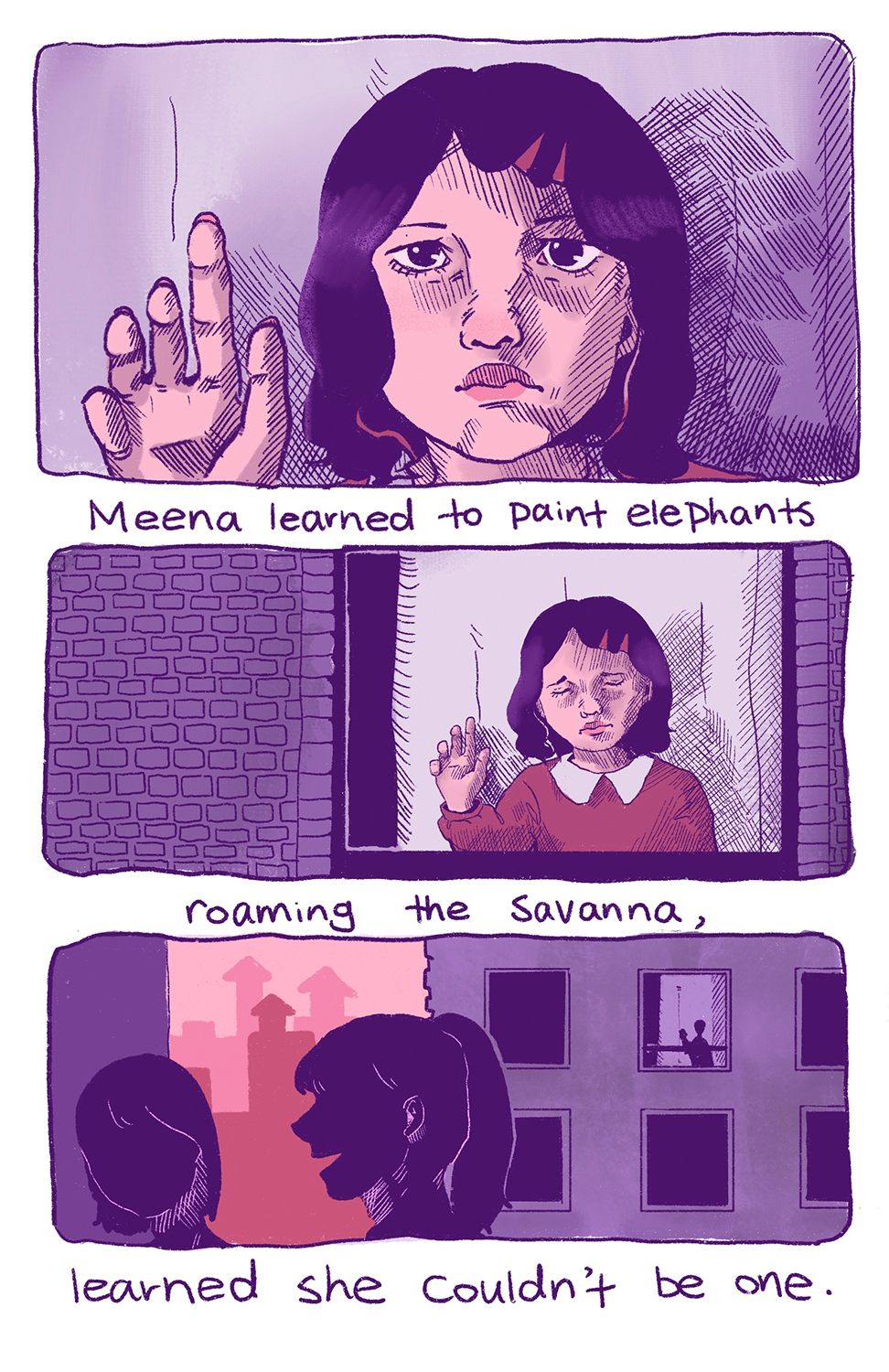 Three panel comic strip of sad girl looking at viewer with one hand pressed against the window pane and street scene below.