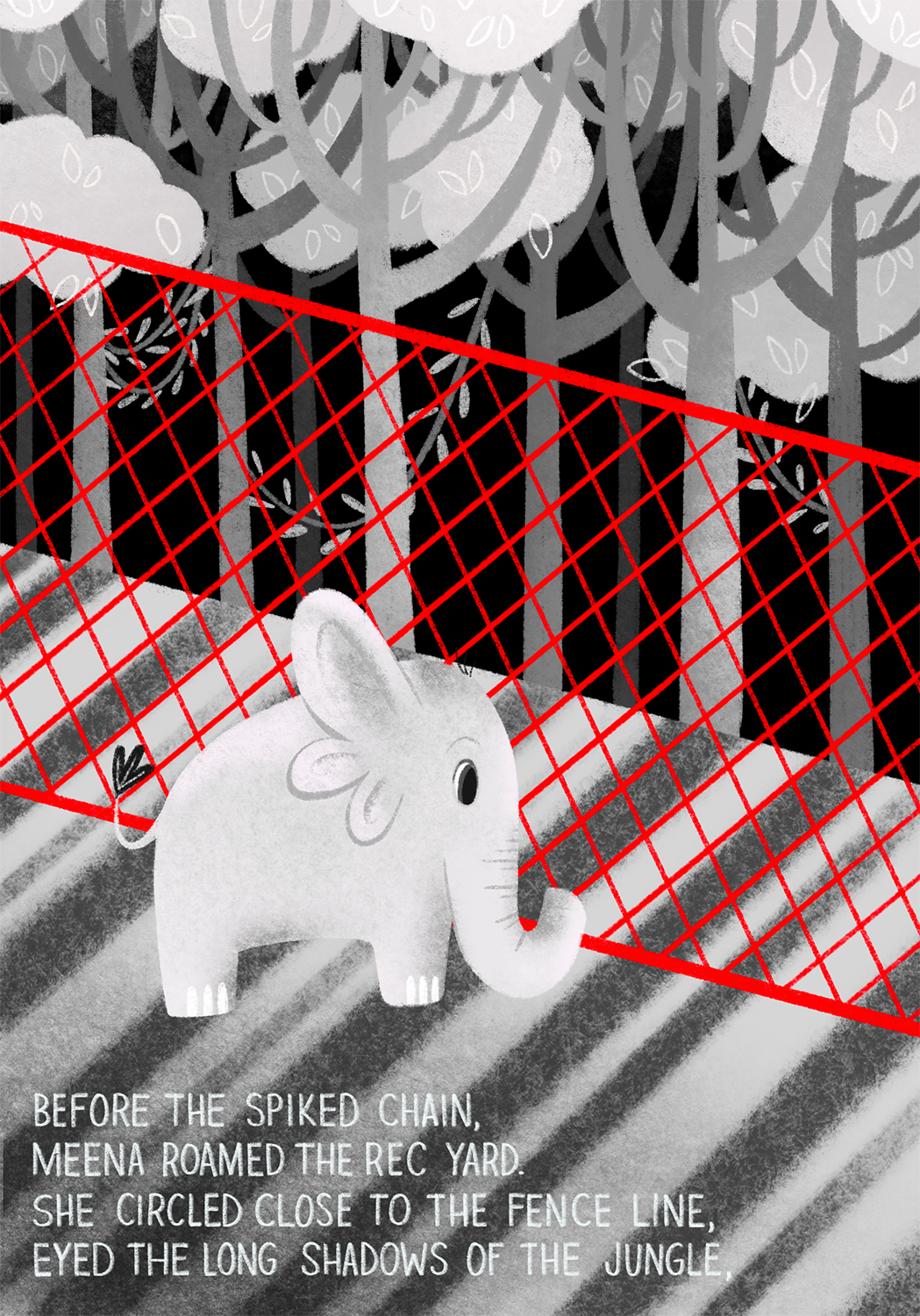 Small, cute, and gray elephant with big ears stands behind bright red fence. Fence blocking the elephant from the forest.