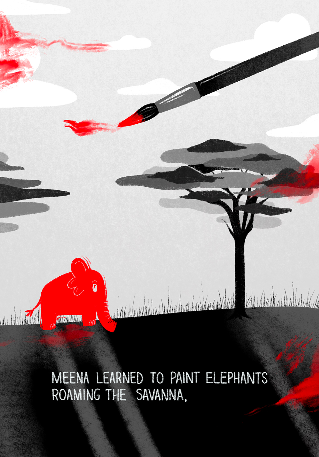 Small elephant painted red in open field beneath two trees. A paint brush from above smears red paint randomly over image.