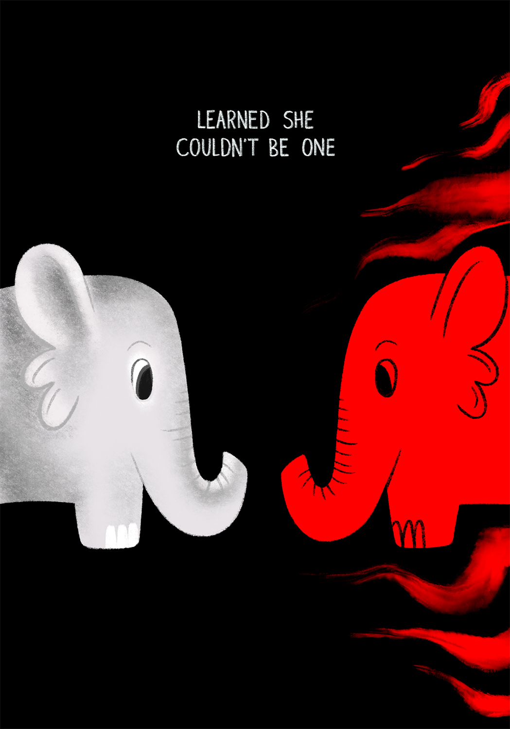 Against a black background, the gray elephant and the red, paint smeared elephant face and stare at each other like a mirror.