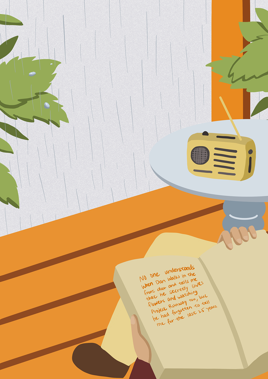 Person out of frame holds and reads an open book on the porch on a rainy day. A radio sits on top of a table.