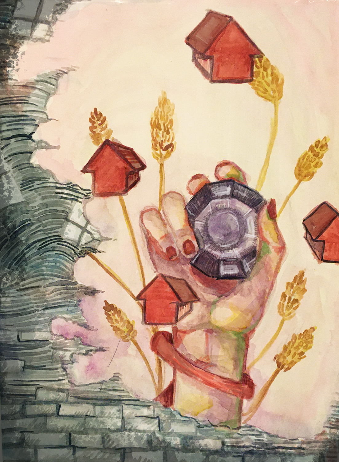 Through a hole in a brick wall, a woman's hand grasps a gem. The hand surrounded by small houses and leaves of grain.