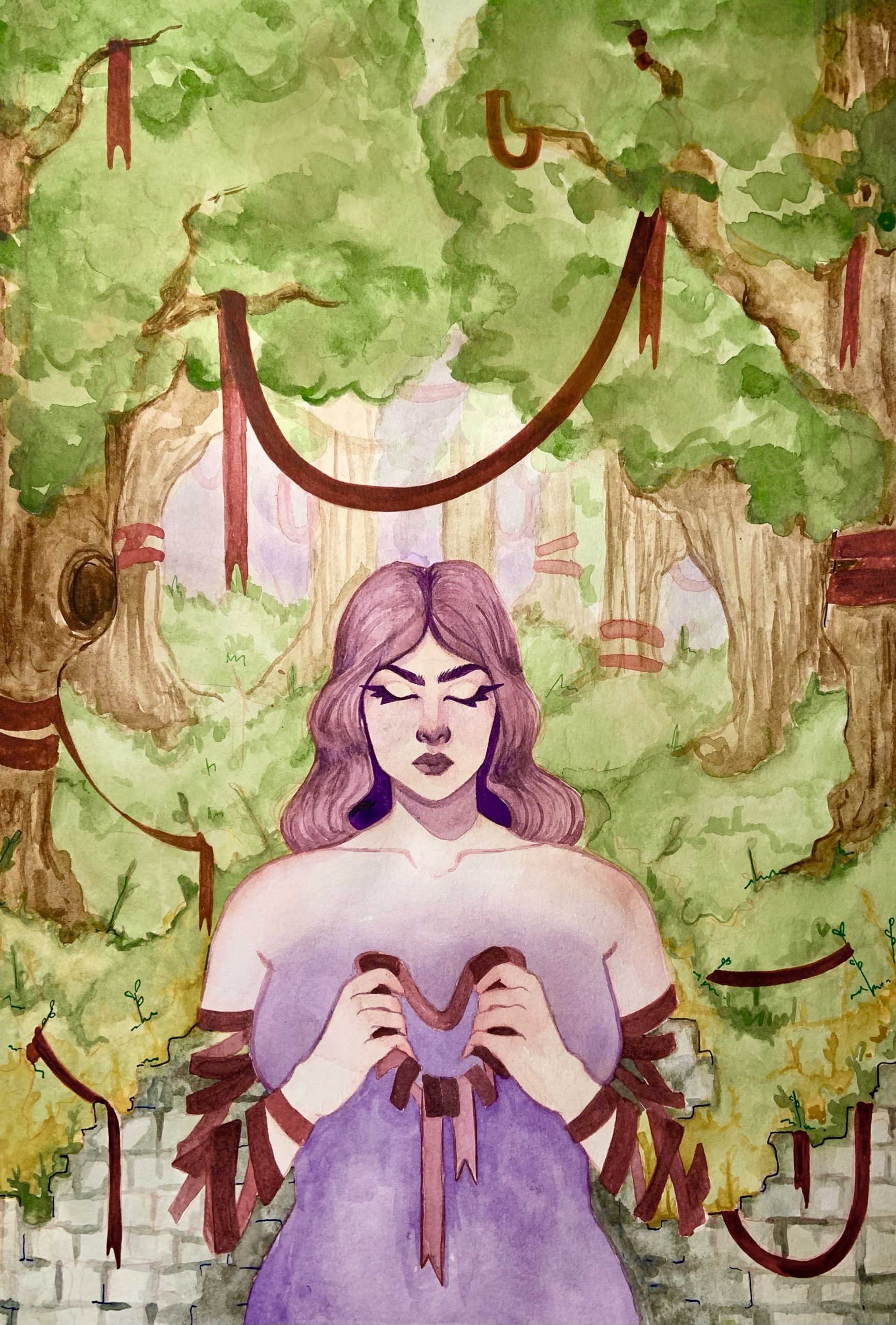 A woman with ribbons for arms in a forest faces the viewer with closed eyes and holds a heart of ribbon.
