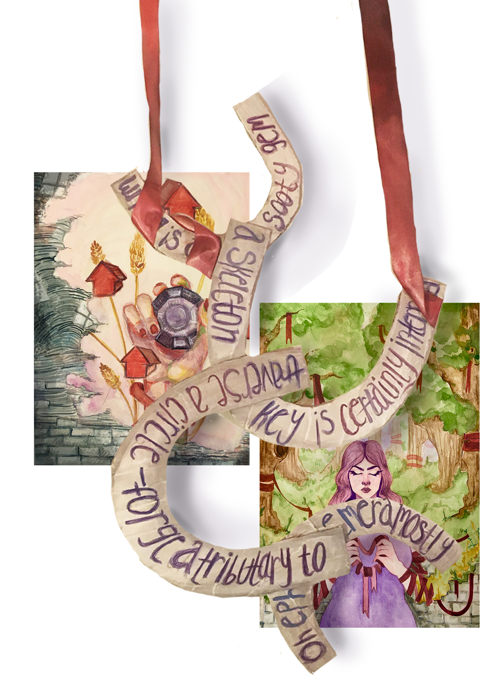 Two painted images next to each other against a white background. Swirling script held by red ribbon over both images.