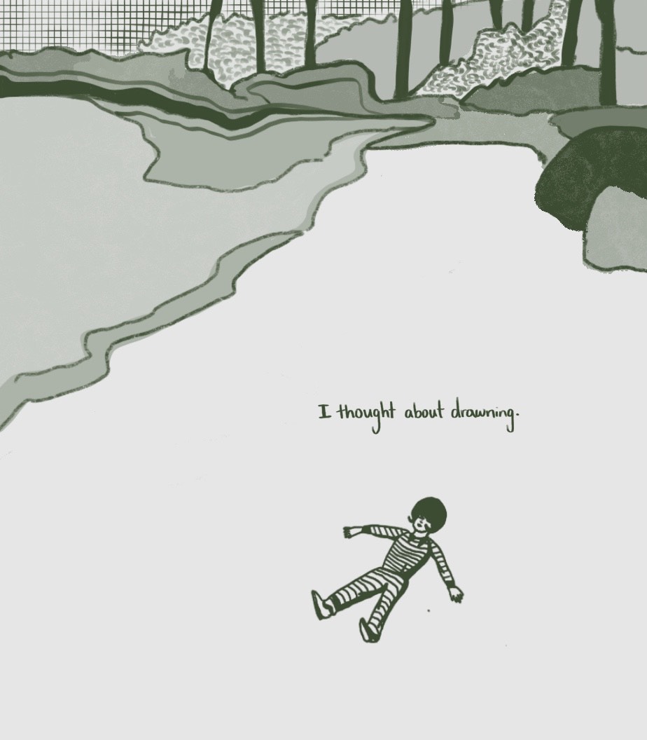 A figure in a prison uniform floats down a river on their back, on either side the banks of the river. The river descending.