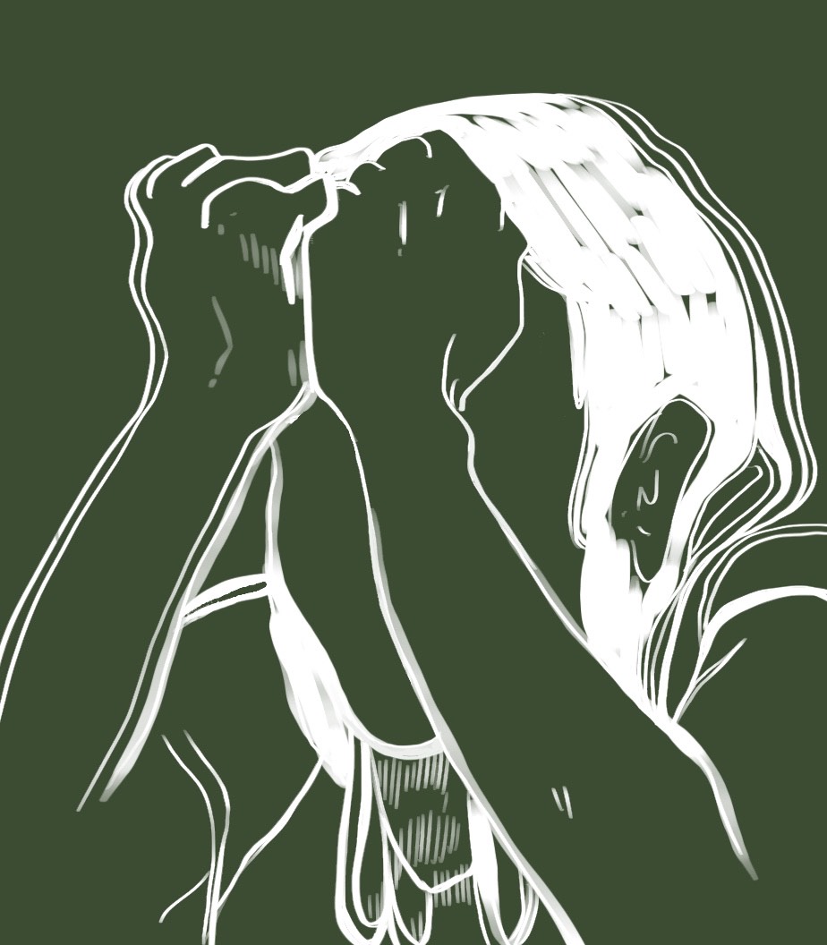 Faceless woman drawn in white against green background with clenched fists pressed against her forehead in sorrow or anger.
