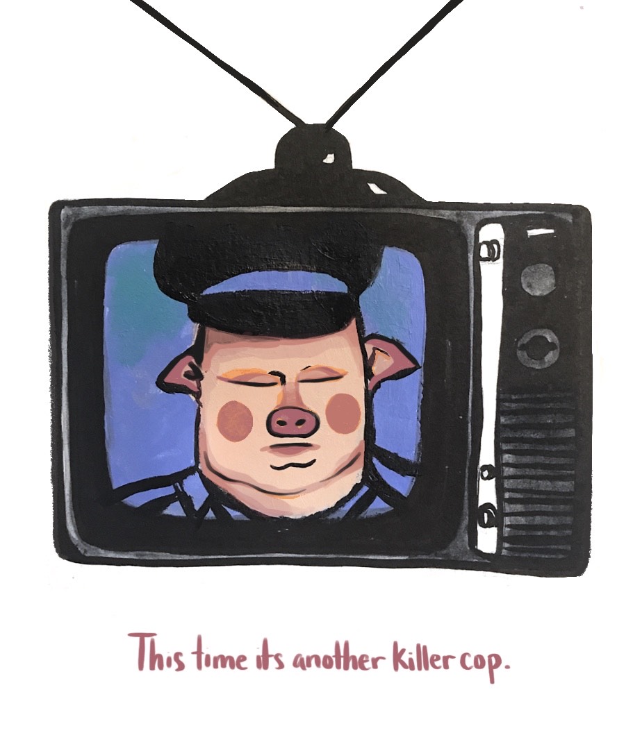 Vintage television set with knobs and antennae showing a police officer as a pig with a pig nose, cheeks, and ears.