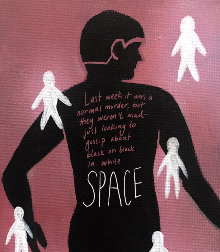 Figure of a man painted in black paint faces away from viewer and is surrounded by smaller figures in white paint.