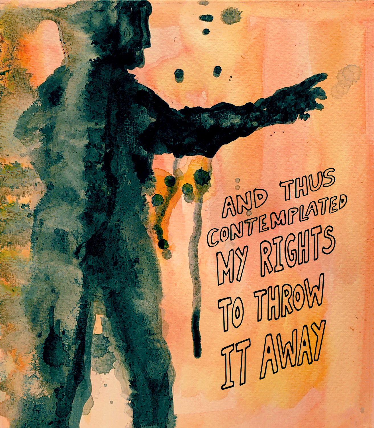 Profile of human figure rendered with dripping splotches of green paint with one arm outstretched with writing below.