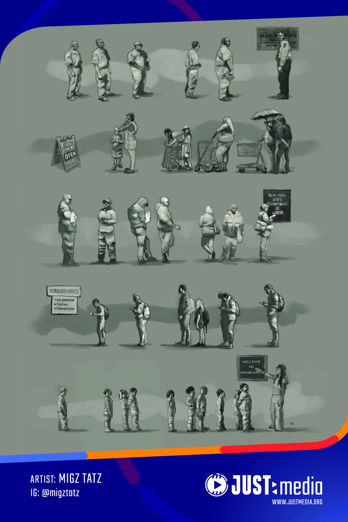 Poster with people standing and waiting in a variety of single file lines