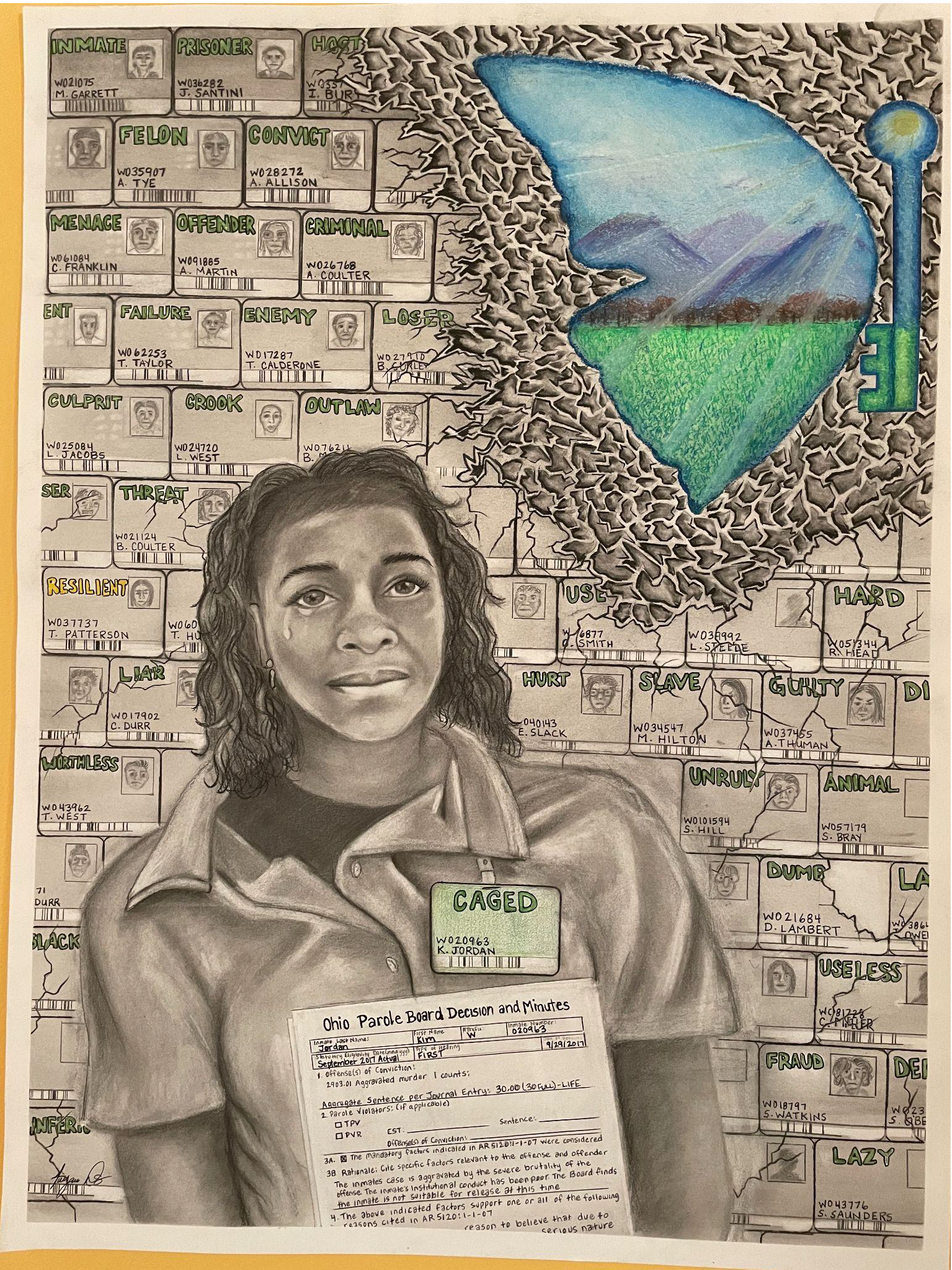 A woman cries in the foreground with an ID card that reads