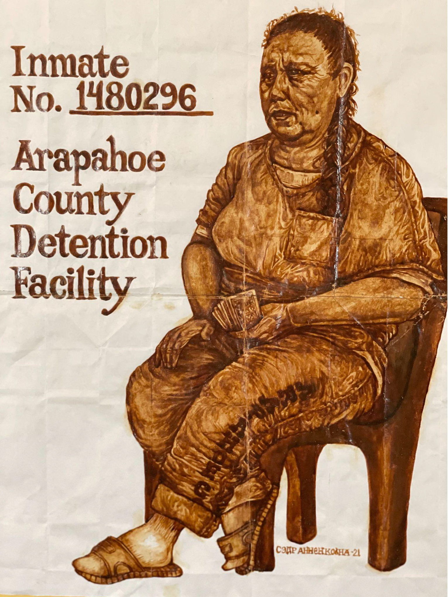 Portrait of a woman sitting in a chair holding money in her hand. She sits besides text that reads,