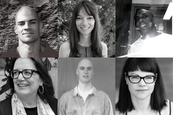 A collage of black and white portraits featuring six people, three men and three women. Each person has a distinct facial expression, ranging from smiling to serious. They are set against various neutral backgrounds.