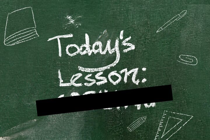 Chalkboard with education-related drawings and writing that reads "Today
