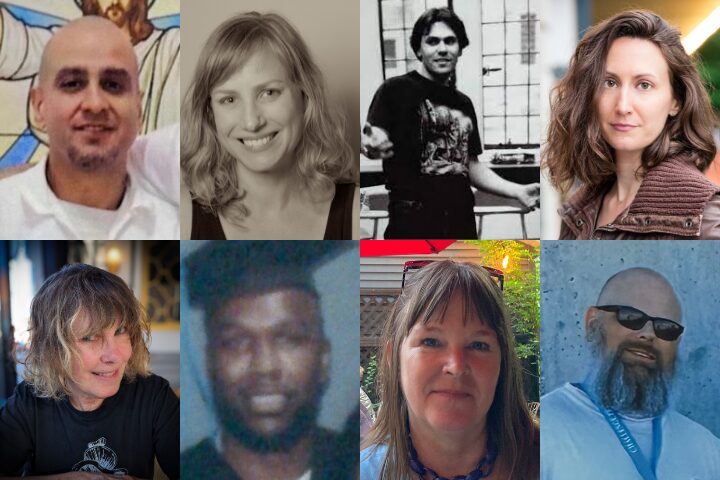 A grid of eight diverse individuals in various settings. Some are outdoors, others indoors. They vary in gender, clothing styles, and backgrounds. Each person is smiling or showing a neutral expression.