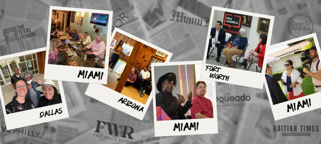 A collage of diverse groups in four U.S. cities: Dallas, Arizona, Miami, and Fort Worth. Activities include discussions and panels that focus on fighting disinformation locally, with overlaid text naming each location. Various people engage in conversations in indoor and outdoor settings.