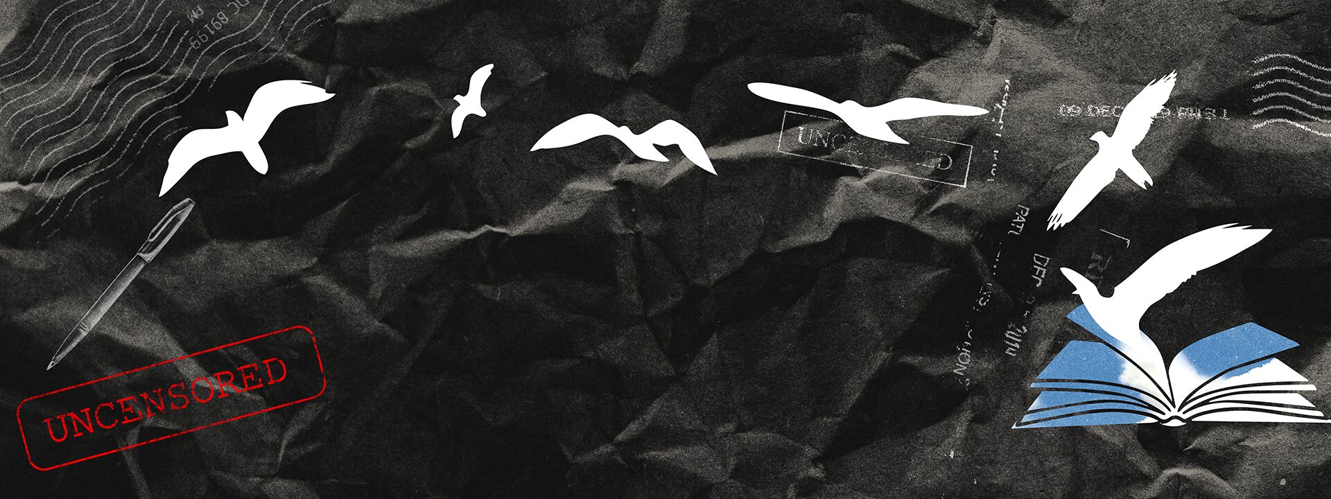 White silhouettes of birds flying from an open book on a crumpled black paper background evoke reading between the bars. A pen and UNCENSORED stamp appear on the left, with postage marks and faint text in the background.