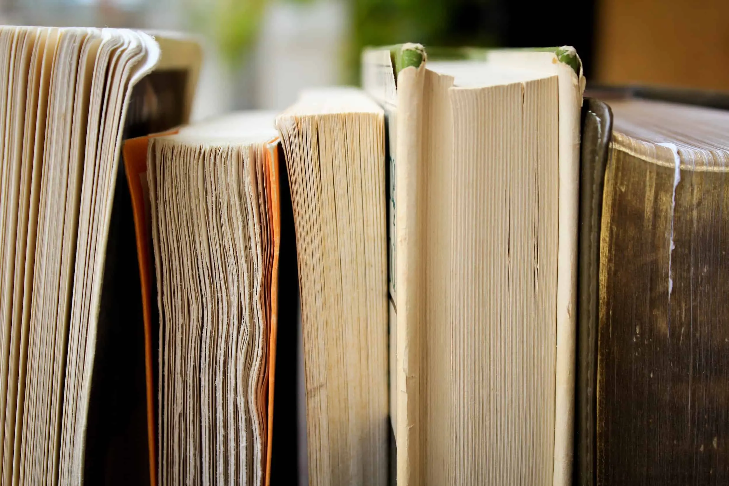 Close-up view of the top edges of several old and well-used books standing upright in a row, showing their worn pages and covers.