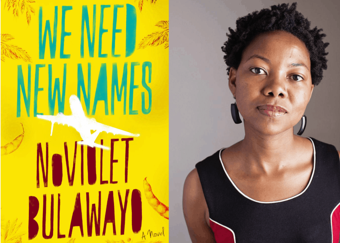 The image shows the cover of the novel We Need New Names by NoViolet Bulawayo on the left, and a portrait of a woman with short hair and earrings on the right.