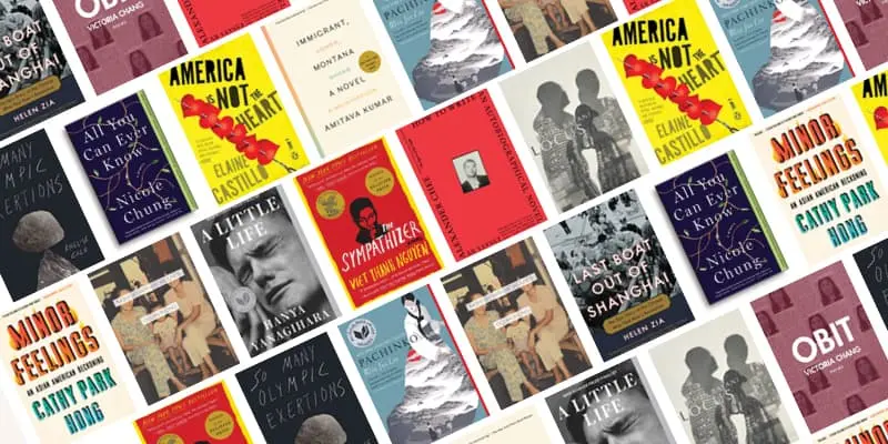 A collage of various book covers arranged diagonally, featuring titles such as Minor Feelings, America Is Not the Heart, The Sympathizer, Obit, and All You Can Ever Know.