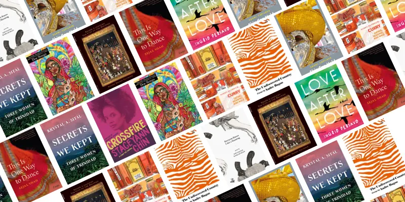 A diagonal collage of various colorful book covers, including titles like The Secrets We Kept, The One Way to Dance, Love After Love, and others, displayed in a repeating pattern.