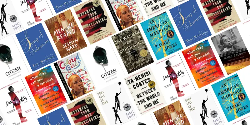 A collage of book covers, including titles like The Bluest Eye, Beloved, Between the World and Me, An American Marriage, Citizen, and The Color Purple by various authors.