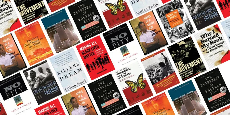 A collage of various book covers related to Black history, civil rights, and social justice, arranged in a diagonal grid pattern with vibrant colors and diverse cover designs.