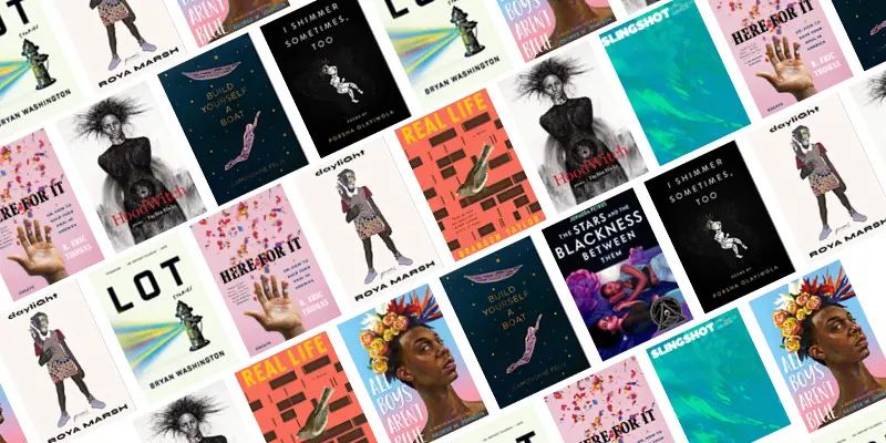 A collage of various book covers, including vibrant artwork and diverse designs, arranged diagonally in a repeating pattern on a white background.