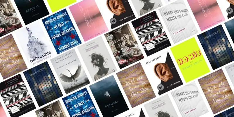 A collage of various poetry book covers arranged diagonally, featuring diverse designs, colors, and titles, including Homie by Danez Smith and Refusal by Jenny Molberg.