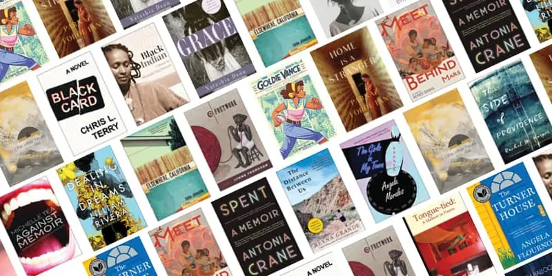 A collage of various book covers arranged in a diagonal pattern, featuring diverse titles, colors, and illustrations, representing a wide range of genres and authors.