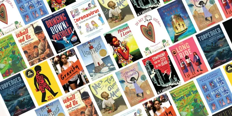 A collage of diverse childrens and young adult book covers, featuring illustrated and photographed characters, vibrant colors, and various themes, arranged in a diagonal, overlapping pattern against a white background.