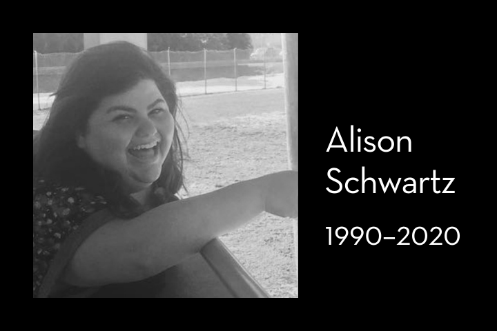 Black and white photo of a smiling woman pointing outside, with text beside her reading “Alison Schwartz 1990–2020.”.