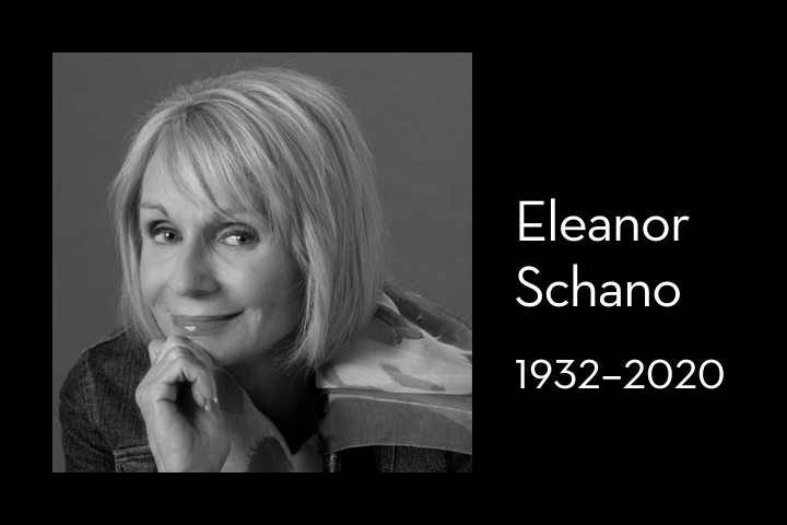 Black and white photo of an older woman with light hair smiling, her hand resting on her chin. Text beside her reads: Eleanor Schano 1932–2020.