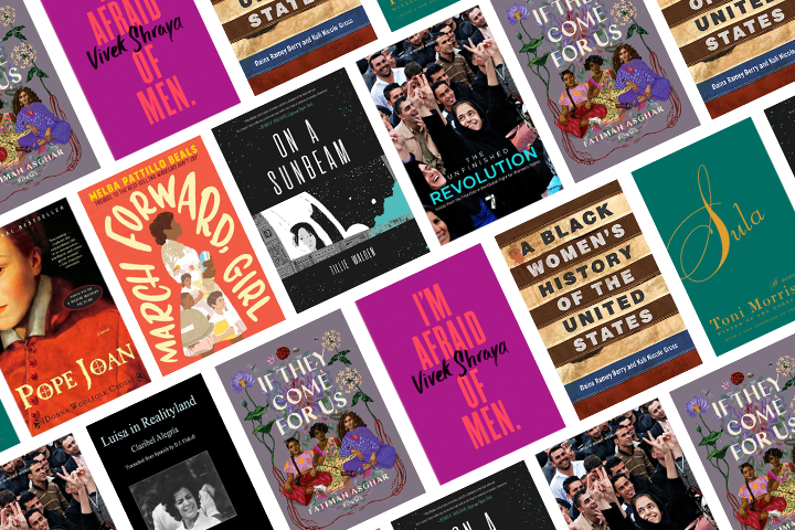 A collage of diverse book covers arranged in a diagonal grid, featuring titles such as “March Forward, Girl,” “I’m Afraid of Men,” “Sula,” and “A Black Women’s History of the United States.”.