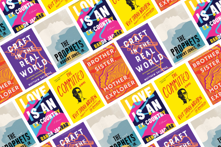 A repeating pattern of book covers, including “Craft in the Real World,” “Love Is an Ex-Country,” “The Prophets,” “The Committed,” and “Brother. Sister. Mother. Explorer.” arranged diagonally.