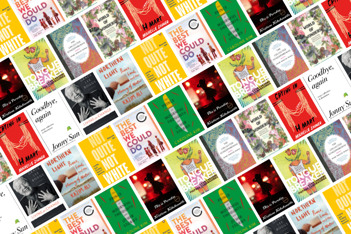 A diagonal pattern of various book covers, including “Crying in H Mart,” “Northern Light,” “The Best We Could Do,” “Quiet Not Quite,” “Goodbye, Again,” and others, arranged closely together.