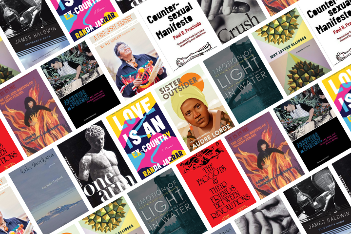 A collage of diverse book covers arranged diagonally, featuring titles and authors such as Sister Outsider by Audre Lorde, One Ann by Ann Allen Shockley, and Love Is an Ex-Country by Randa Jarrar.