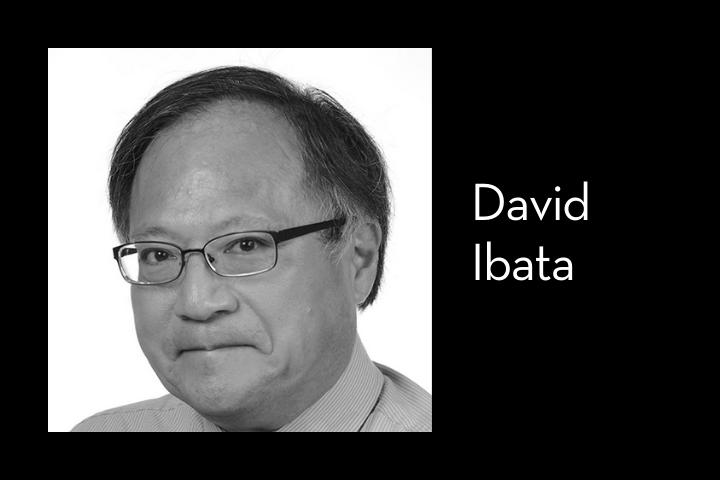 Black and white portrait of a man with glasses, short hair, and a collared shirt. To the right, the name David Ibata appears in white text on a black background.