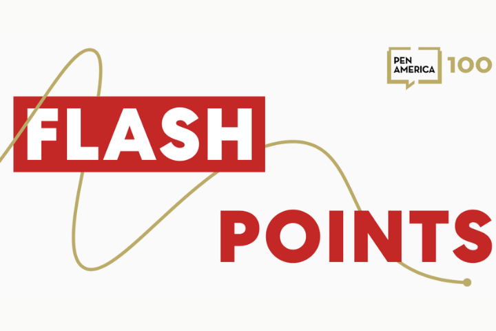 The image features the words FLASH POINTS in bold red letters with a gold wavy line running through the design. In the top right corner, the PEN America logo and 100 appear in gold.