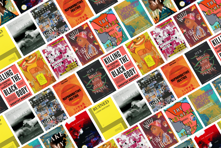 A diagonal grid of colorful book covers, including titles like “Killing the Black Body,” “The Mothers,” “Reproductive Justice,” and “Ruined,” creating a vibrant, patterned collage.