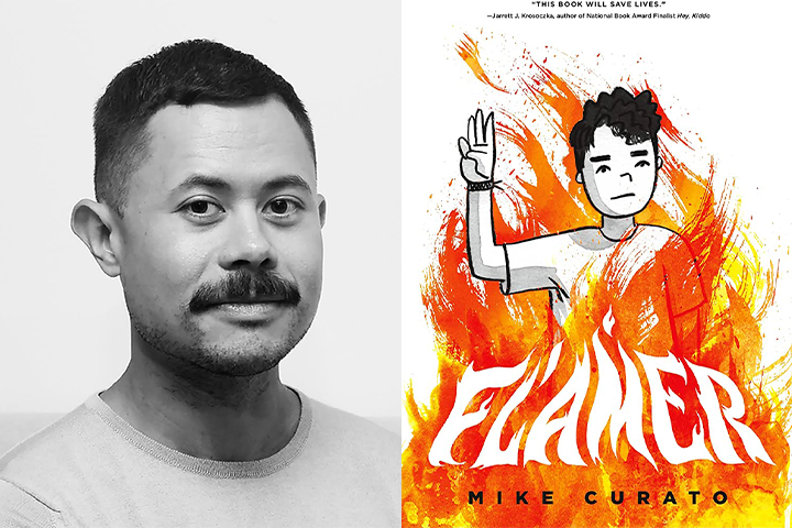 A grayscale portrait of a man with short hair and a mustache is on the left. On the right is the book cover of Flamer by Mike Curato, featuring a cartoon boy raising his hand, surrounded by flames.